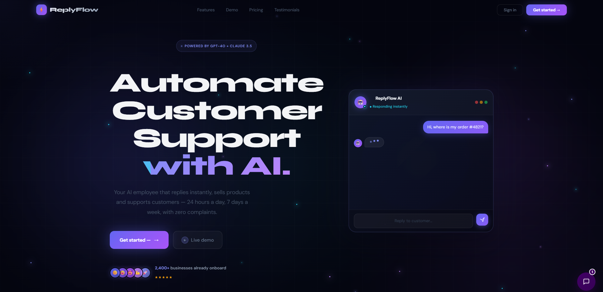 ReplyFlow AI – 24/7 Customer Service Chatbot